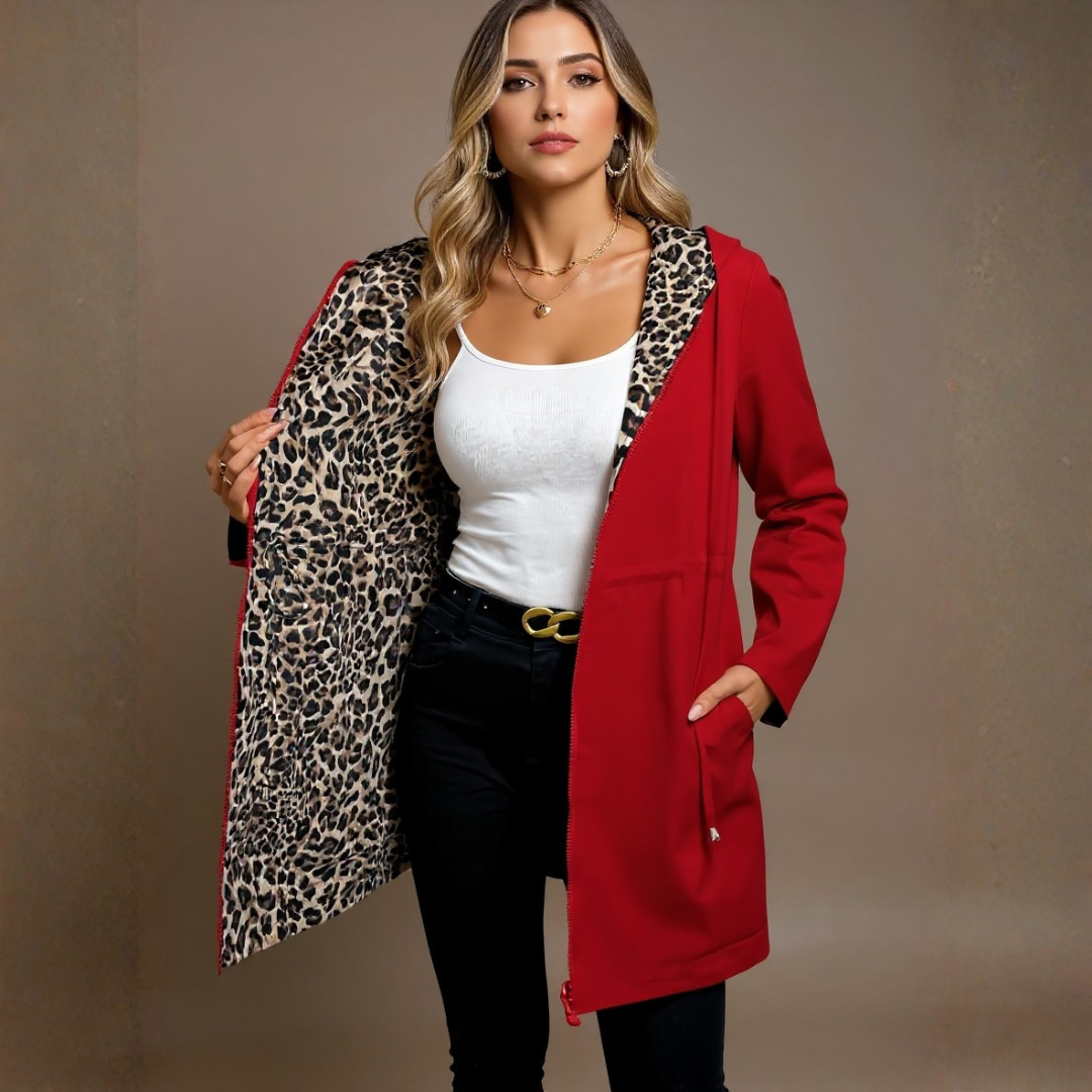 VICTORIA | Kabát s kapucí z dvojitého materiálu s leopardím vzorem