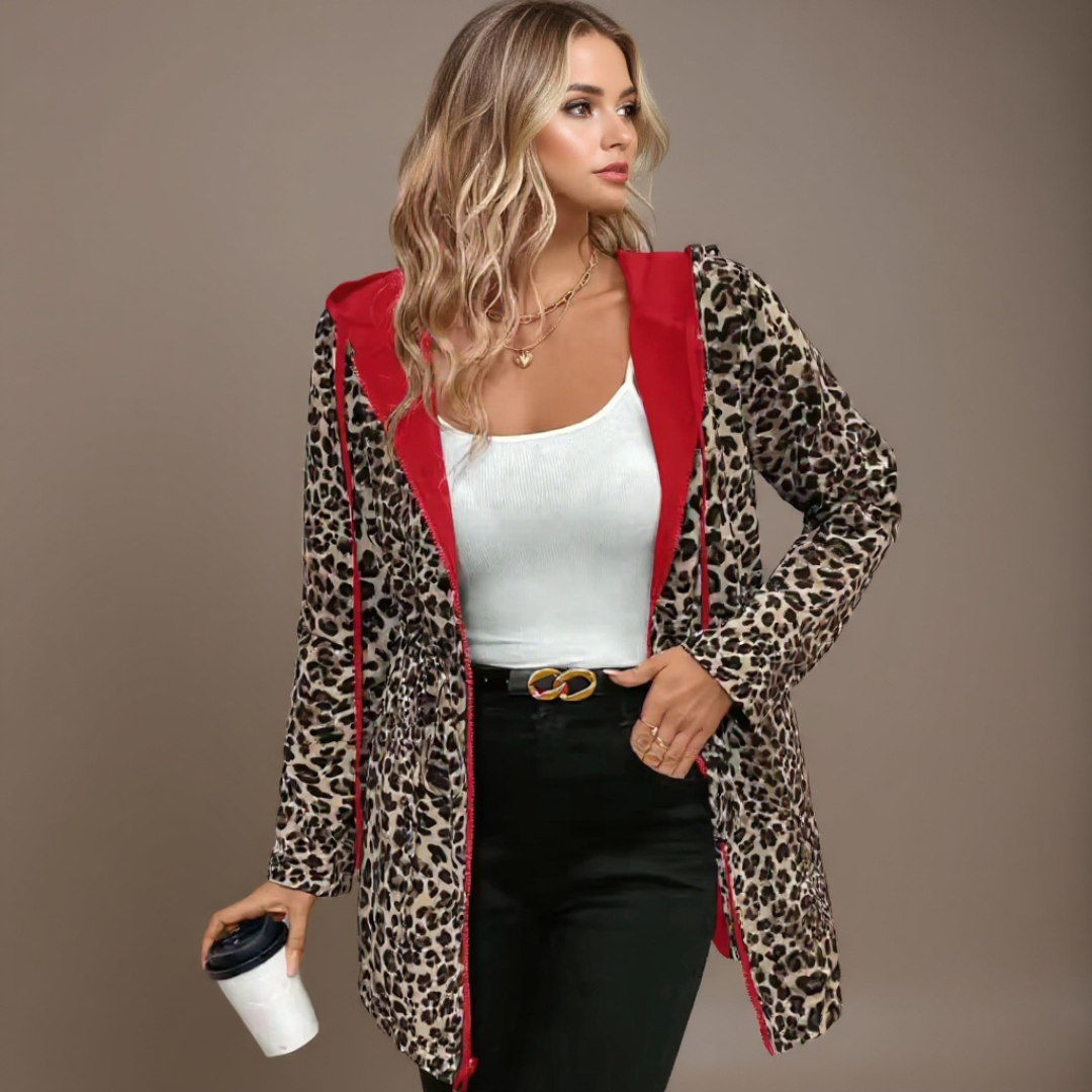 VICTORIA | Kabát s kapucí z dvojitého materiálu s leopardím vzorem