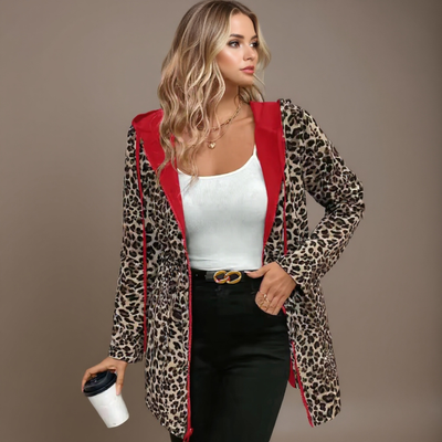 VICTORIA | Kabát s kapucí z dvojitého materiálu s leopardím vzorem