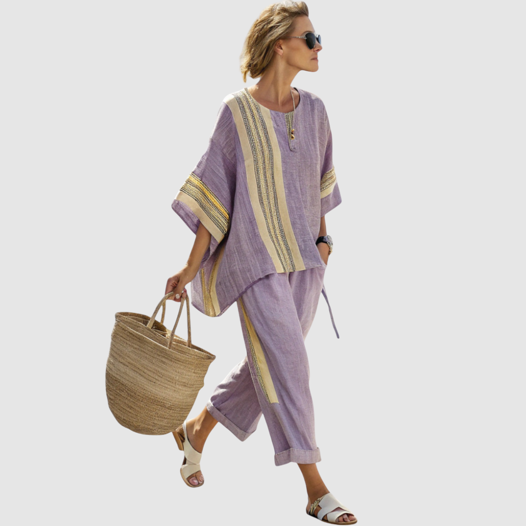 Rozálie - Etnická sada z bambusového lnu s pruhy