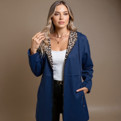 VICTORIA | Kabát s kapucí z dvojitého materiálu s leopardím vzorem