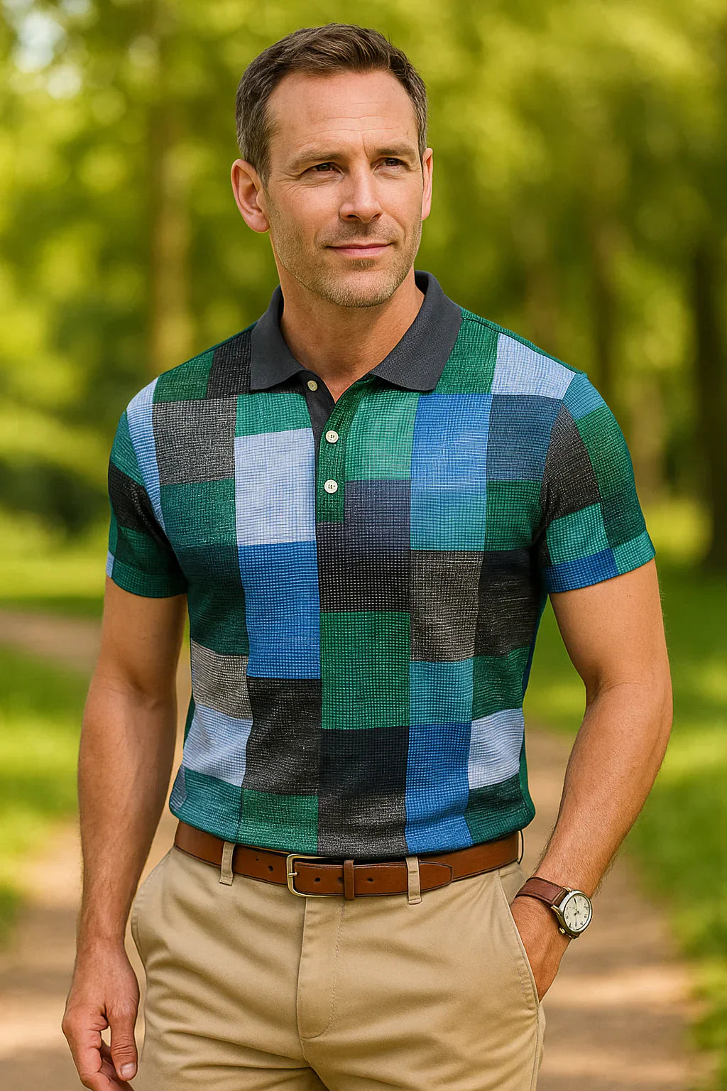 Diogo - Prodyšná bavlněná polo tričko, barevné kostkované vzory